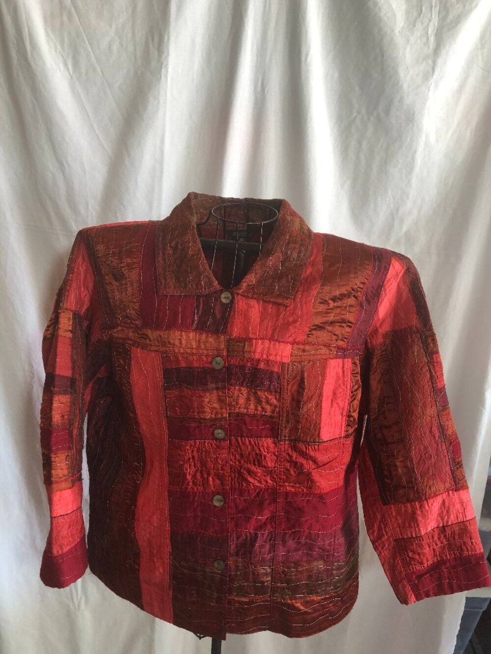Multiples XL Red Patchwork Long Sleeve Blouse Jacket 24.5" Pit to Pit